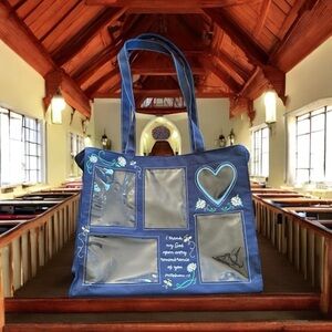 Stylish Blue Transparent Tote Bag with Photo Slots and Embroidered Bible Verse